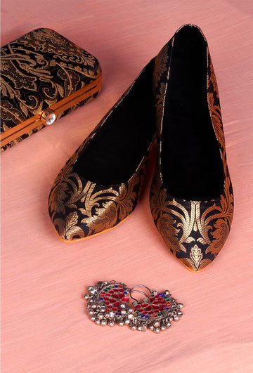 Black Pointed Toe Brocade Ballerina Flats